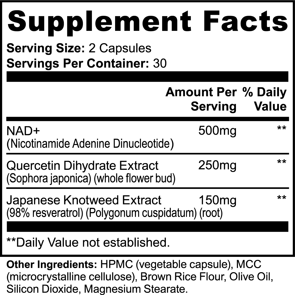 Supplement Facts label for SUPLUS Tri Action NAD supplement