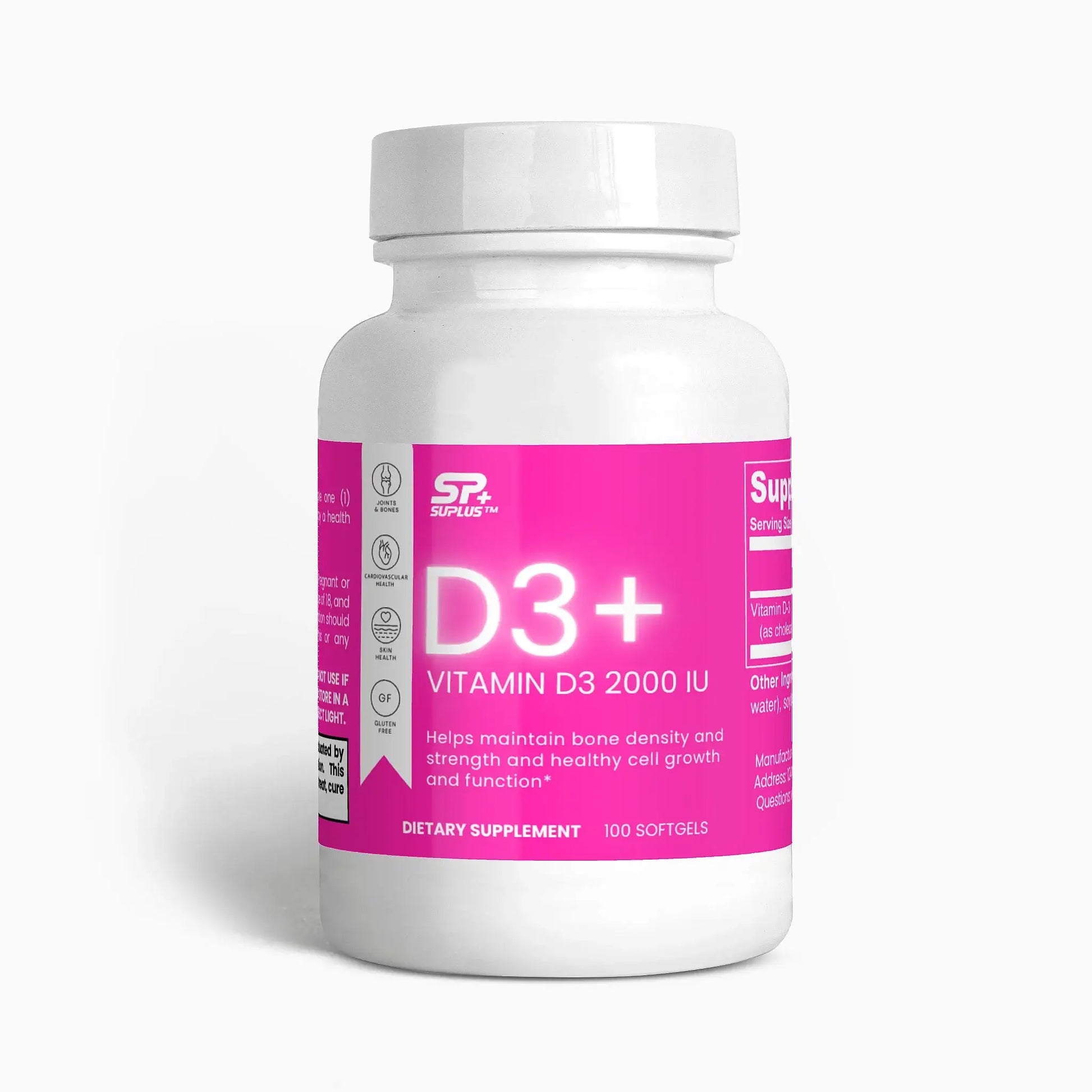 SUPLUS Wellness Starter Kit D3+ Vitamin D3 2000 IU supplement bottle with white and pink label on a clean white background