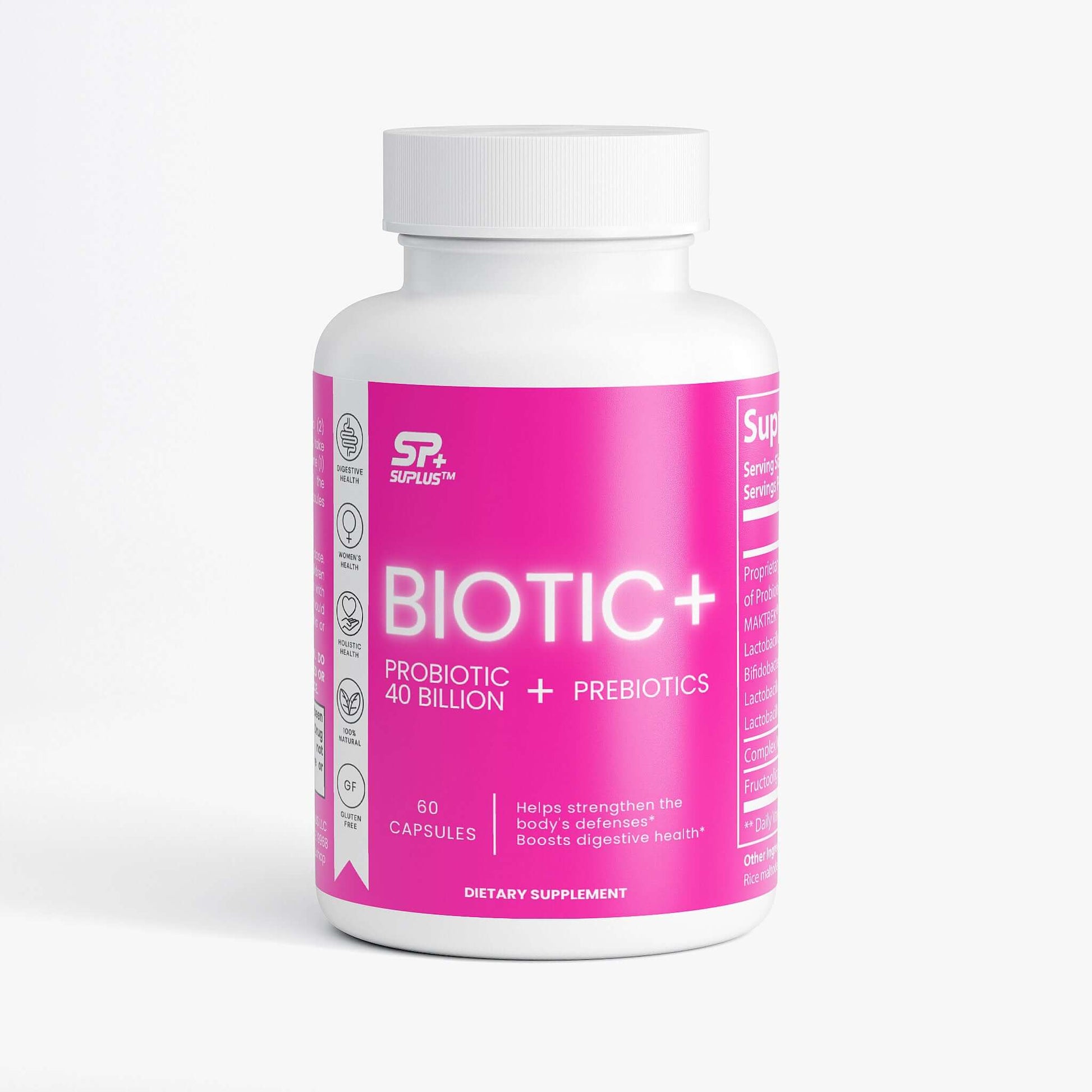 SUPLUS BIOTIC+ Probiotic Supplement bottle with white and pink label on a clean white background