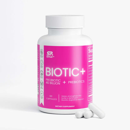 SUPLUS BIOTIC+ Probiotic Supplement bottle with white and pink label on a clean white background with capsules actual size