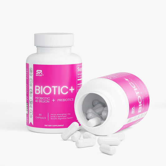 SUPLUS BIOTIC+ Probiotic Supplement bottle with white and pink label on a clean white background with bottle spilled