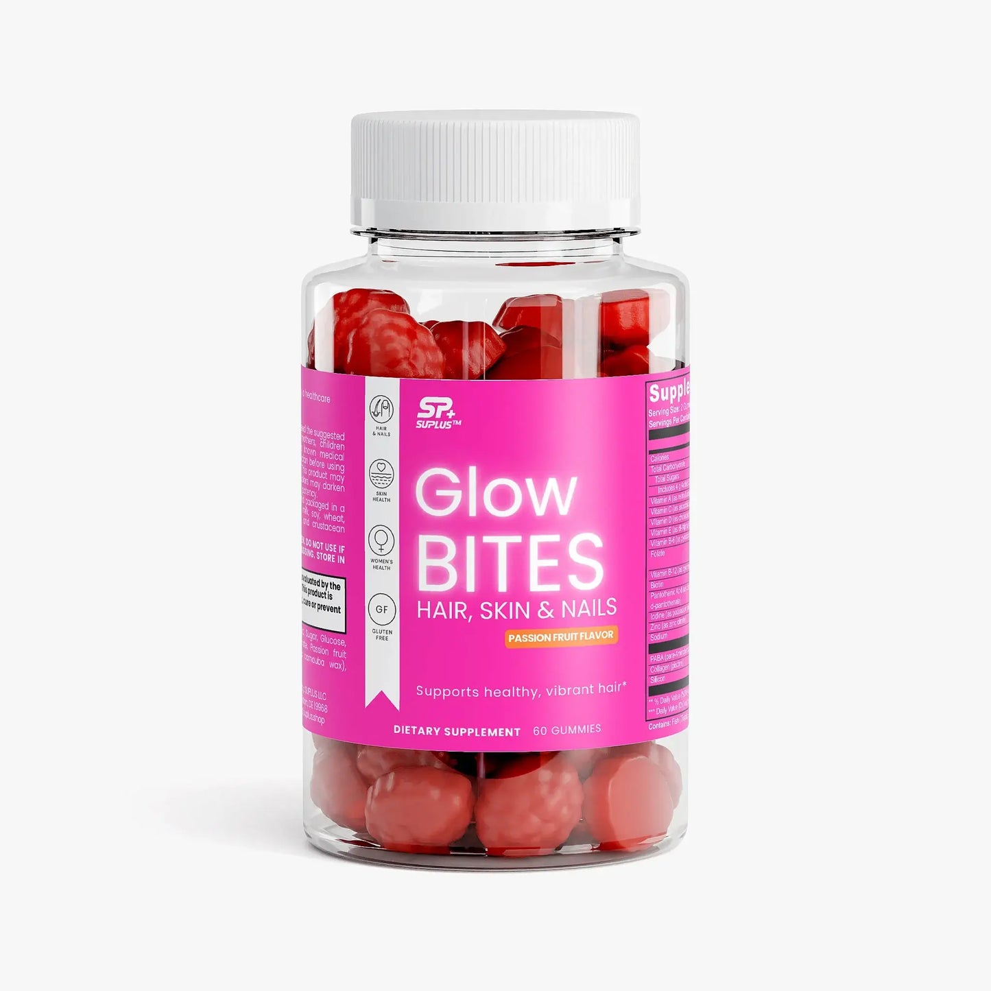 SUPLUS Wellness Starter Kit GlowBITES Hair Skin and Nails Gummies bottle with pink label on white background