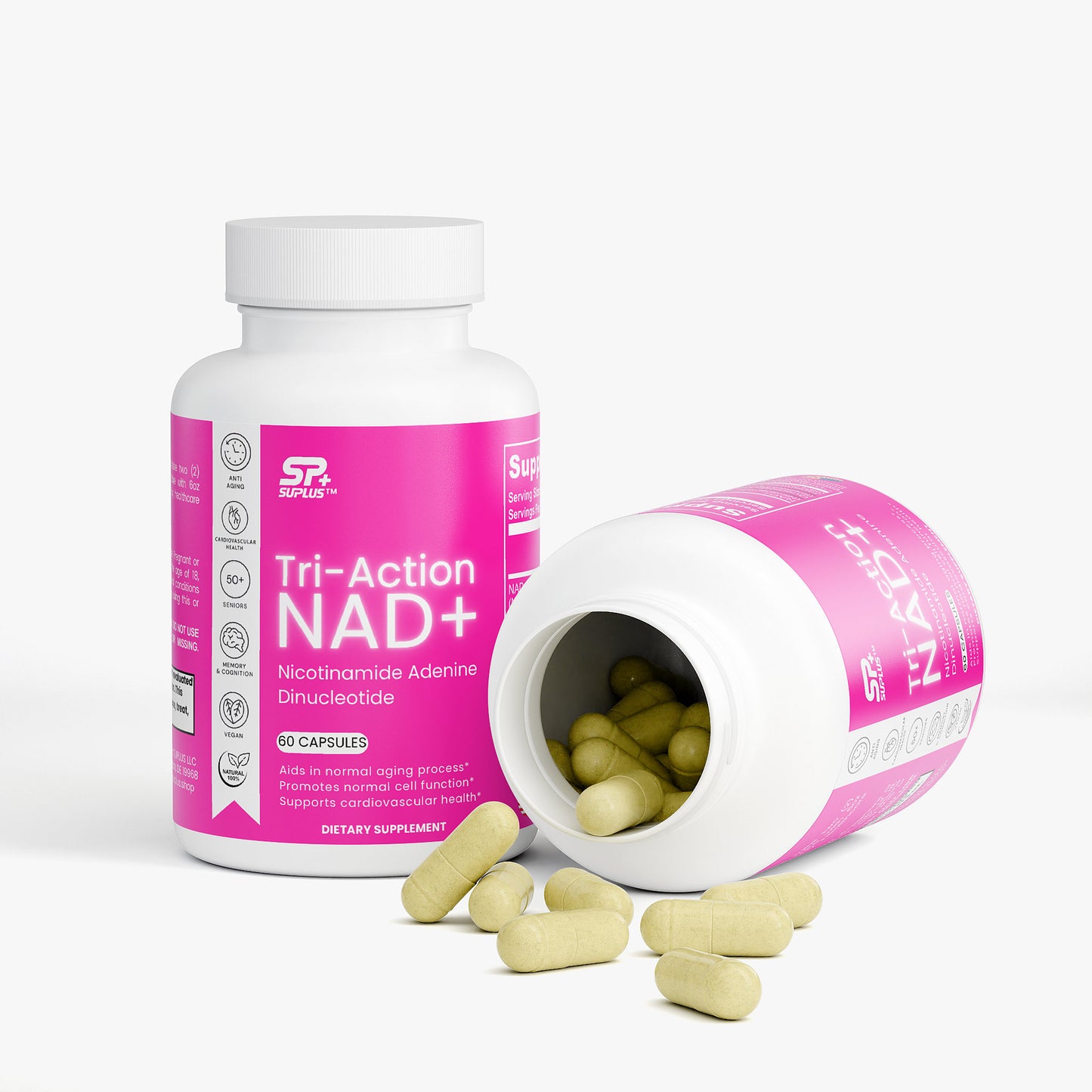 SUPLUS Tri Action NAD bottle displayed in a teal and white flat-lay scene