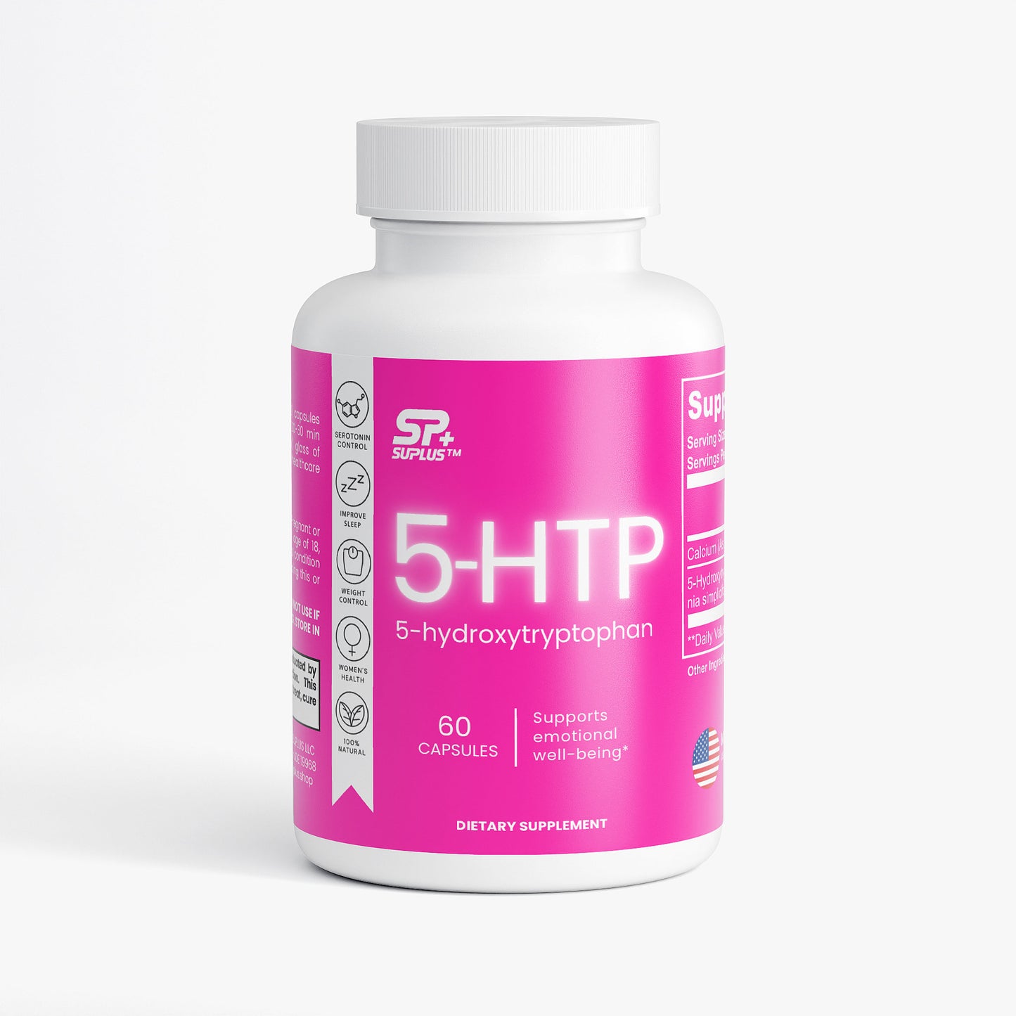 SUPLUS 5 HTP supplement bottle with pink label on a white background
