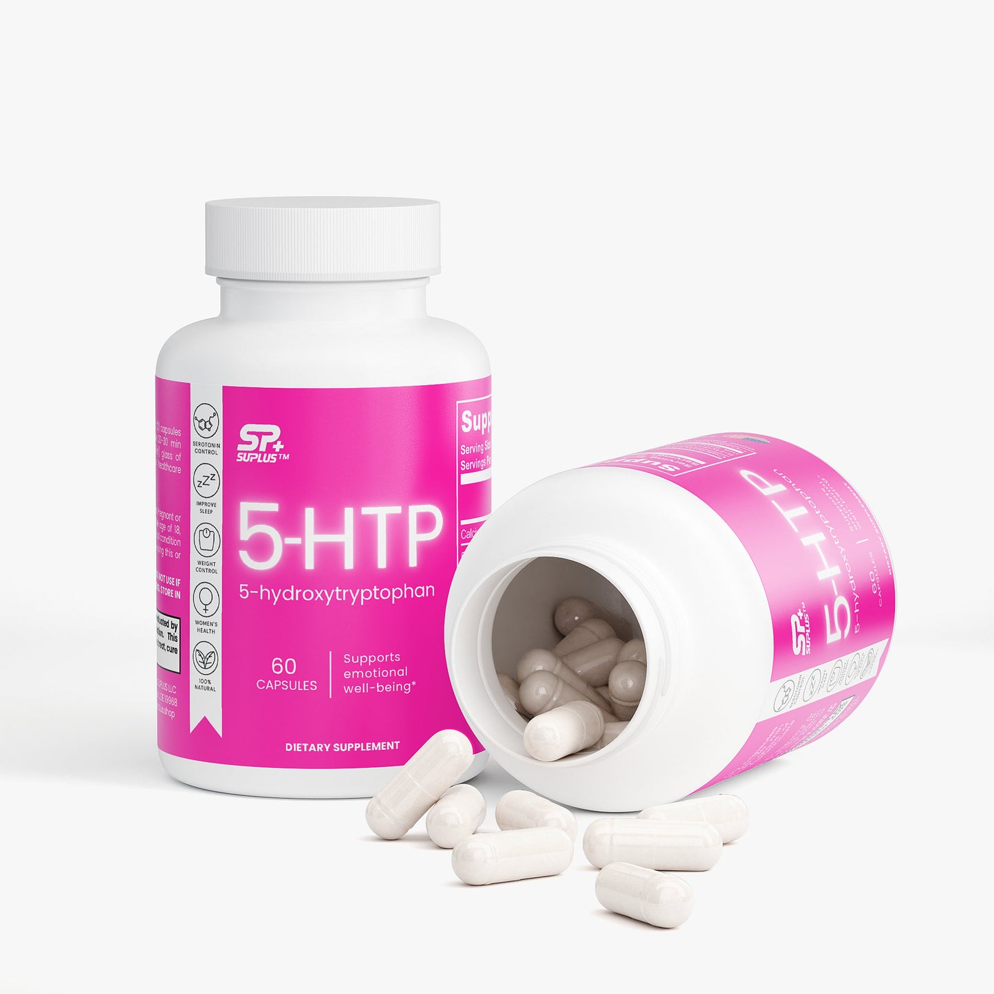 SUPLUS 5 HTP bottle lying flat with capsules arranged beside it