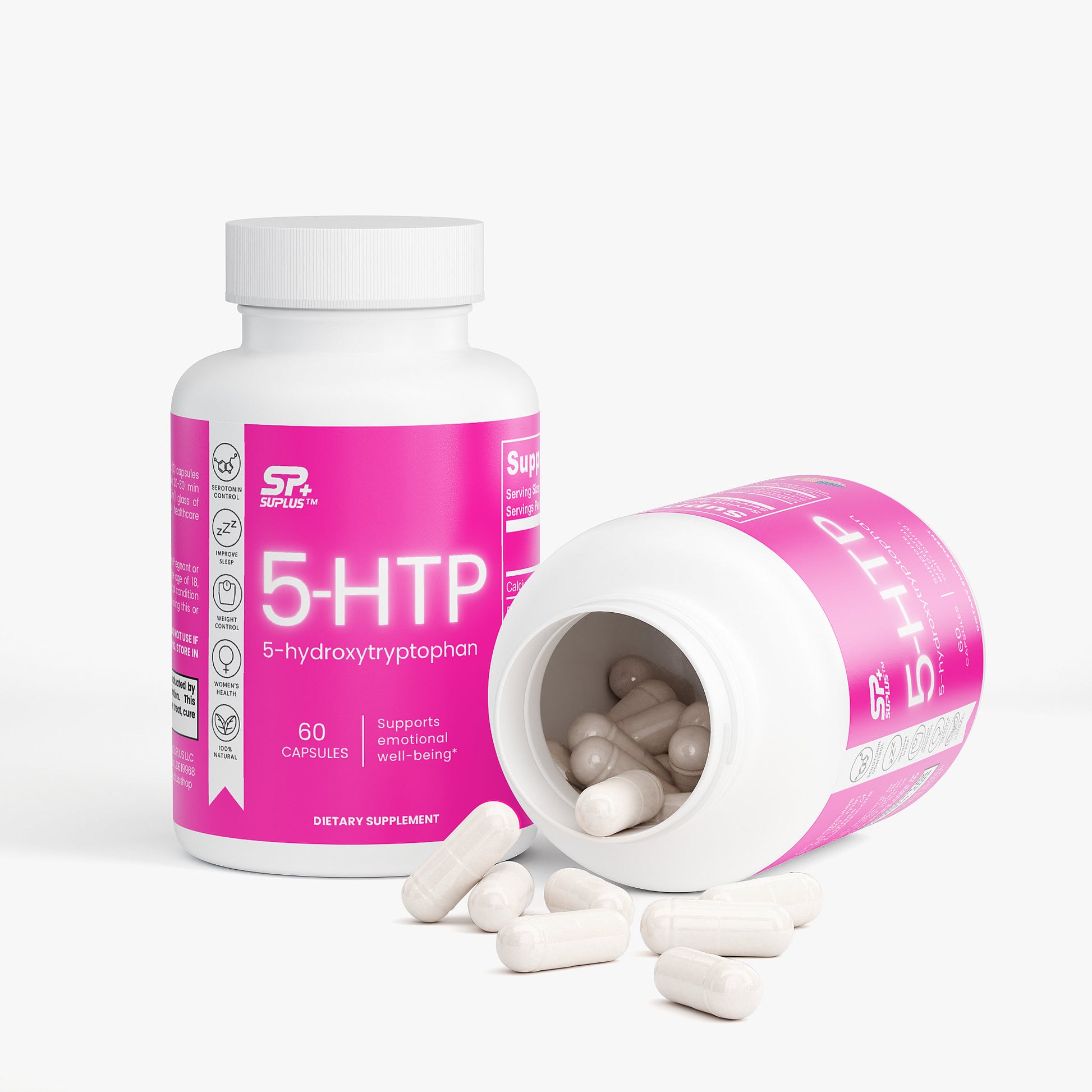 SUPLUS 5 HTP bottle lying flat with capsules arranged beside it
