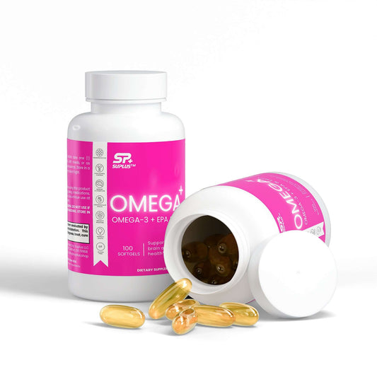 SUPLUS OMEGA+ Omega-3 EPA DHA supplement bottle with gold and white label with a spilled bottle