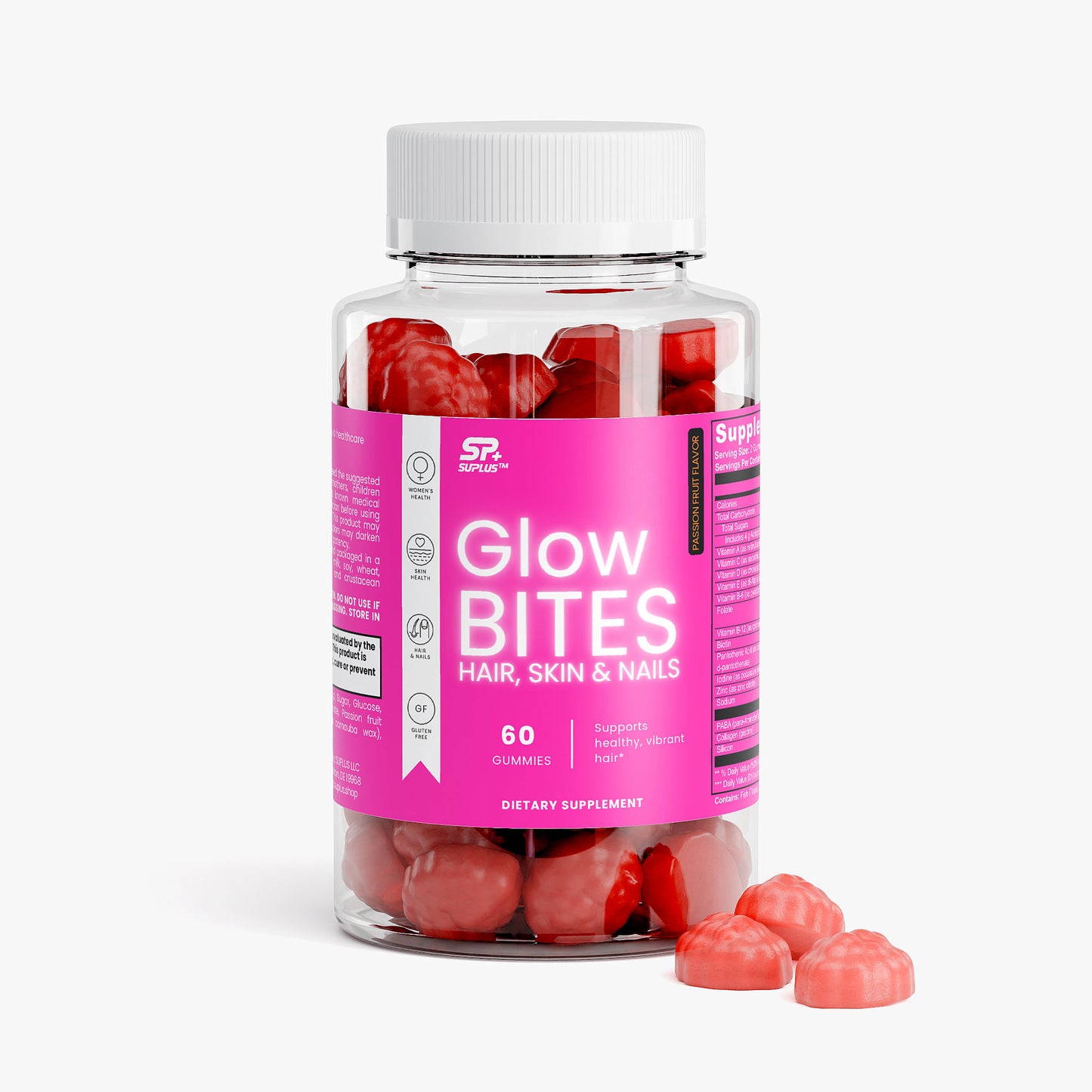 GLOWBITES Hair Skin and Nails Gummies bottle showcasing delicious dietary supplement for vibrant beauty.
