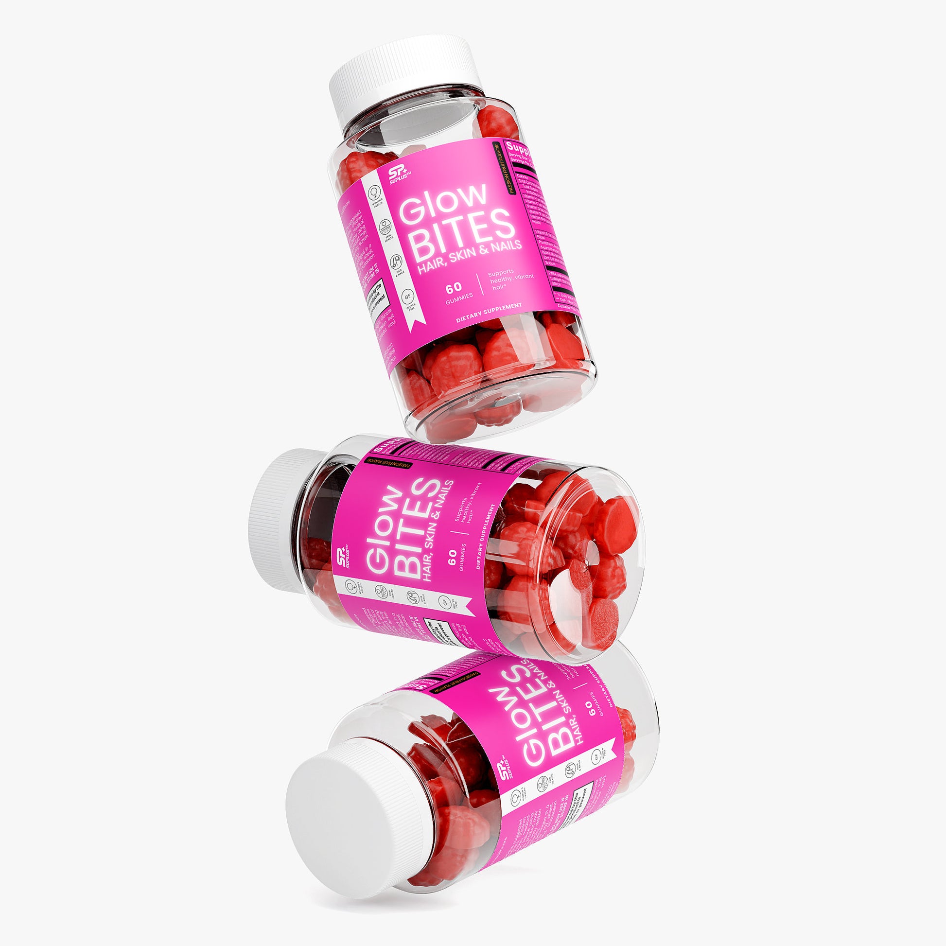 GLOWBITES Hair Skin and Nails Gummies bottles with colorful labels stacked in a creative arrangement.