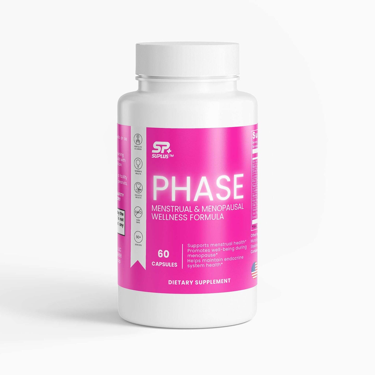 PHASE Menstrual & Menopausal Wellness Formula supplement bottle with 60 capsules for hormonal balance and reproductive health.