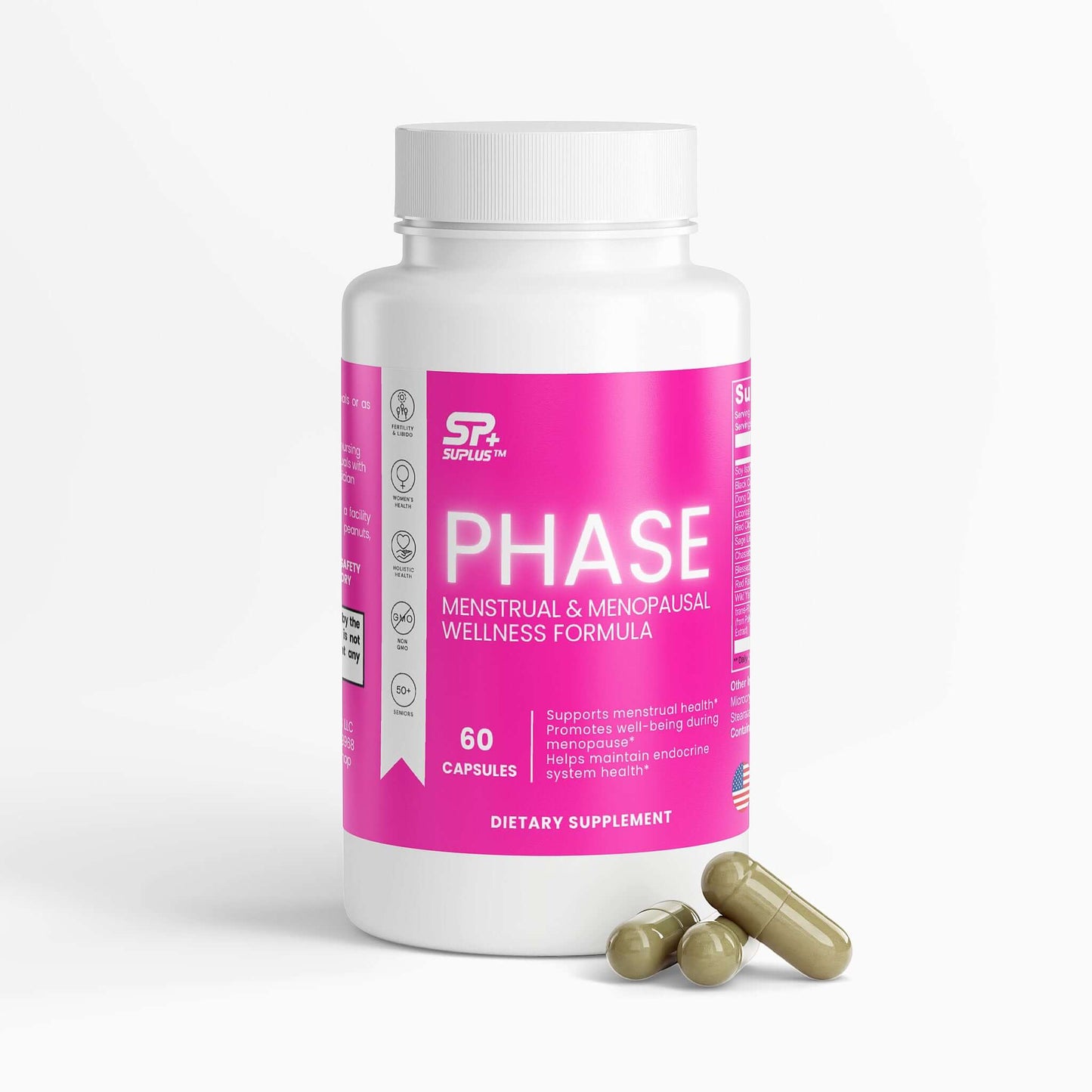 Menstrual & Menopausal Wellness Formula | PHASE supplement bottle with capsules for hormonal balance and reproductive health