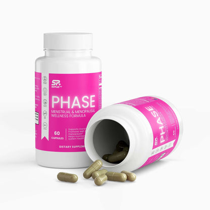 Menstrual & Menopausal Wellness Formula by PHASE in a bottle with capsules spilling out, designed for hormonal balance.