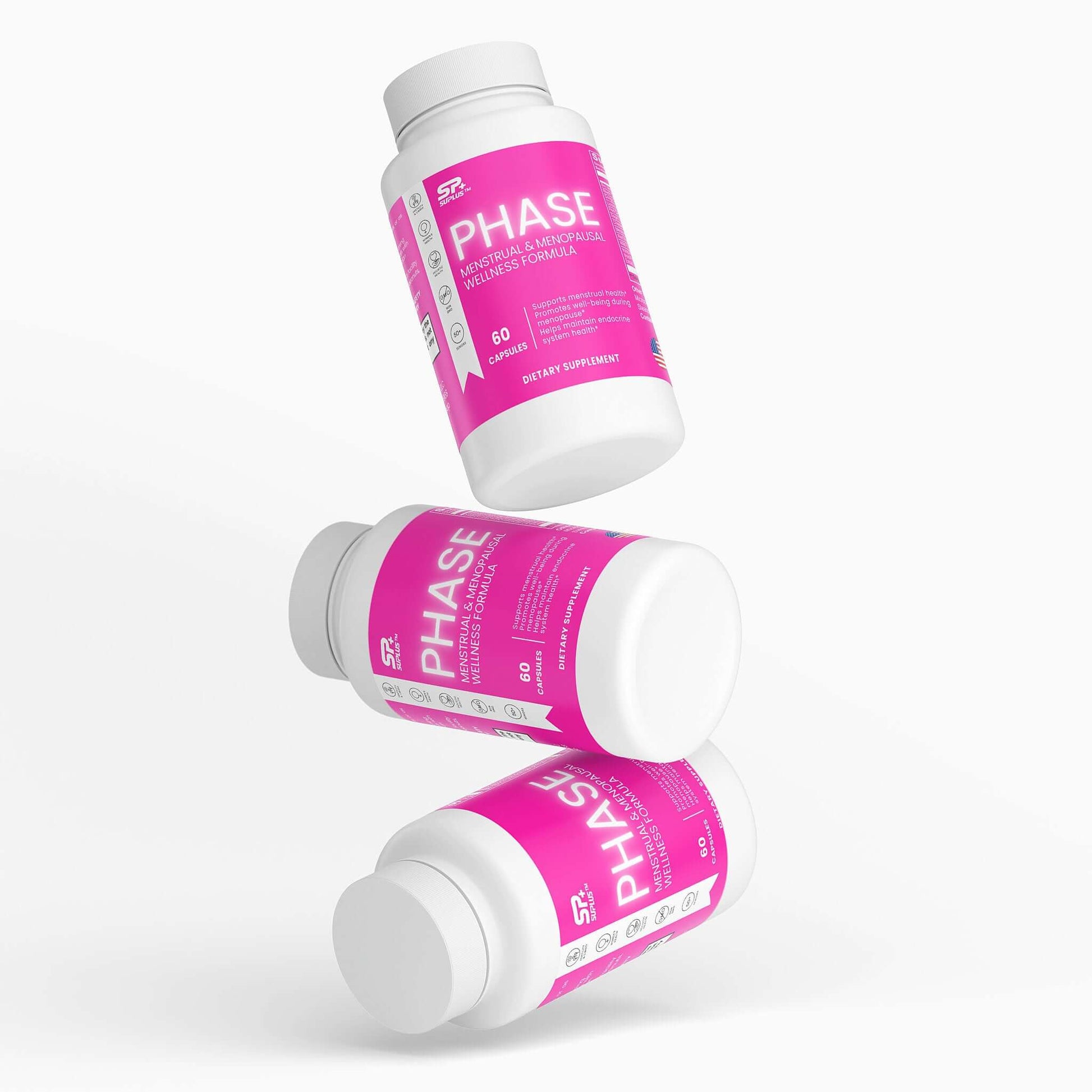 Menstrual & Menopausal Wellness Formula | PHASE supplement bottles stacked, supporting hormonal balance and reproductive health.