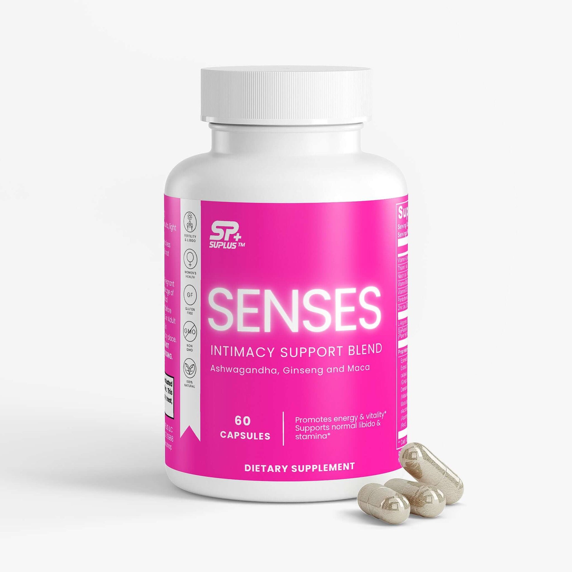 Intimacy Support Blend supplement bottle with capsules, promotes energy and wellness, Senses brand.