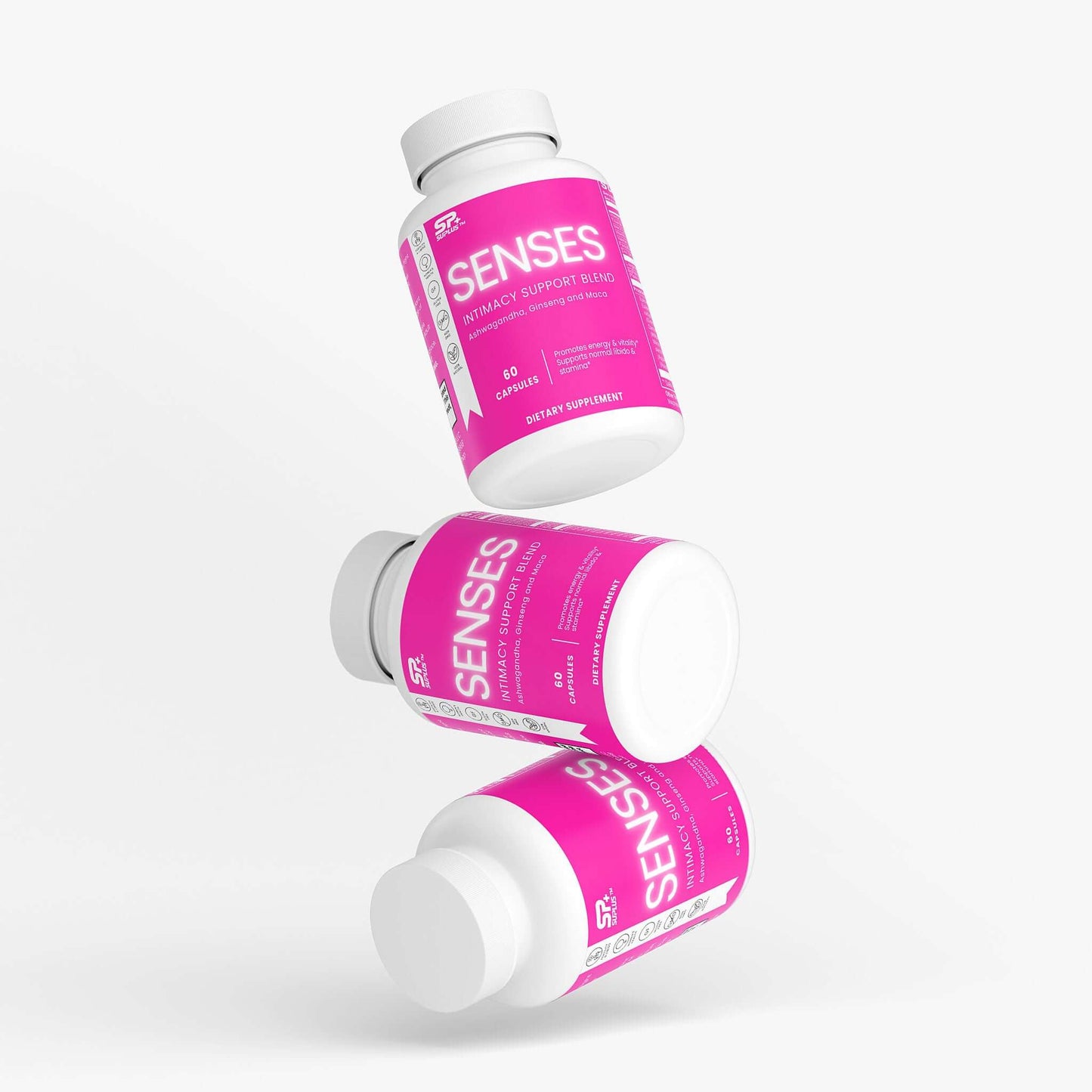 Three bottles of Intimacy Support Blend supplement by SENSES floating in mid-air.