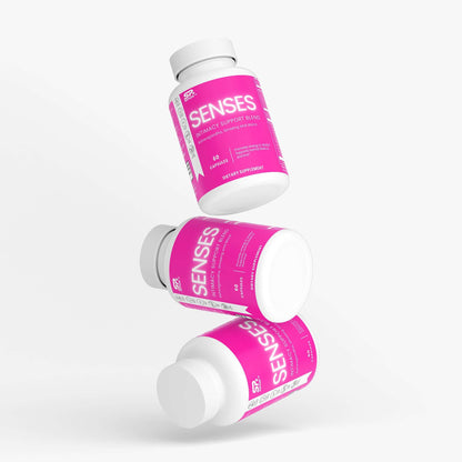Three bottles of Intimacy Support Blend supplement by SENSES floating in mid-air.