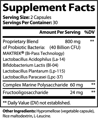 Supplement Facts panel for SUPLUS BIOTIC+ Probiotic Supplement showing ingredients