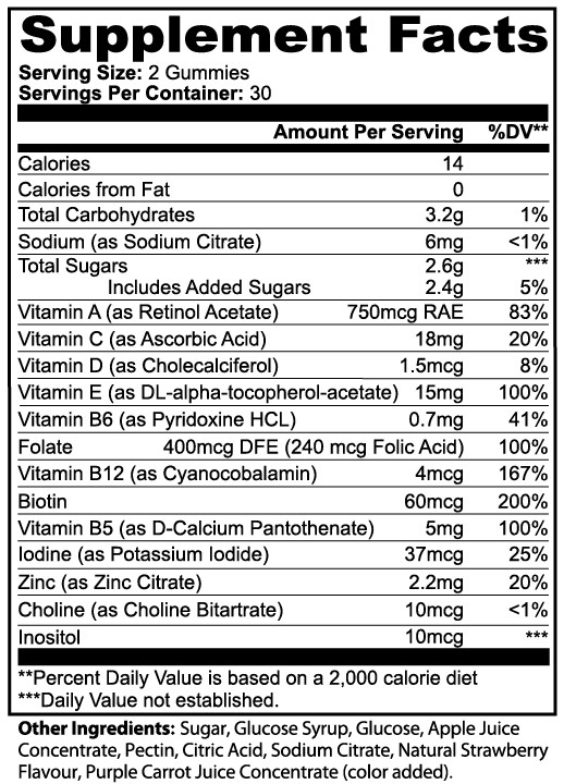 Supplement facts for GlowBEARS multivitamin gummies for daily wellness showing nutrients and serving details.